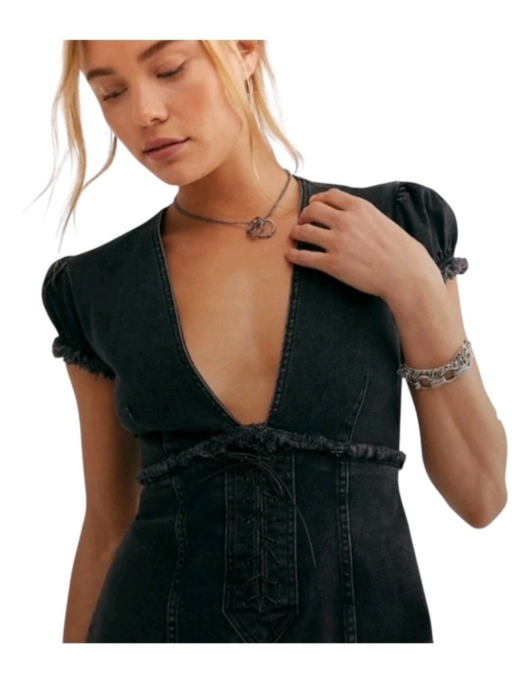 Free People Something Sweet Denim Mini Dress Black NWT